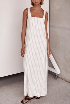 Women's Casual Stripe Square Neck Linen Dress White Sleeveless Dress With Straight Neckline For Summer, White Maxi Dress With Straight Neckline For Vacation, White Sundress With Straight Neckline For Brunch, Chic White Sleeveless Dress With Straight Neckline, White Sleeveless Summer Maxi Dress, White Summer Sundress With Straight Neckline, White Vacation Sundress With Straight Neckline, Casual White Maxi Dress With Straight Neckline, White Sundress With Straight Neckline For Summer