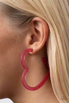 Dusted in sparkles, a pink acrylic frame delicately curls into a flat heart frame for a flirtatious finish. Earring attaches to a standard post fitting. Hoop measures approximately 2 1/2" in diameter.

 Sold as one pair of hoop earrings. Paparazzi Consultant, Pink Heart Earrings, Acrylic Frame, Heart Hoop Earrings, Pink Acrylic, Pink Bling, Acrylic Frames, Pink Acrylics, Heart Frame