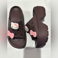 New Crocs Stomp Slides Platform Sandals Brown Hello Kitty Unisex Women’s Sz 8 Men’s Size 6 New With Tags. Hello Kitty Sandals, Brown Hello Kitty, Brown Crocs, Crocs Platform, Crocs Brown, New Crocs, Sandals Brown, Women's Crocs, Swag Shoes