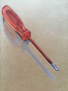 a pencil drawing of a red plastic object with a long handle on it's tip