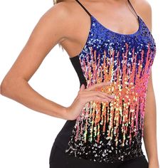 Women’s Sequin Tops Glitter Party Strappy Tank Top Sparkle Sequin Tank Top For Party, Party Tops With Sequins And Spaghetti Straps, Embellished Sequin Fabric For Summer Night Out, Glamorous Shimmer Sequin Fabric For Spring, Spring Party Embellished Sequin Fabric, Summer Party Shimmer Tank Top, Glamorous Spring Club Tank Top, Glamorous Spring Party Tank Top, Summer Party Embellished Sequin Fabric