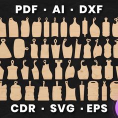 various wooden cutting shapes and sizes with the words cdr - svg - eps