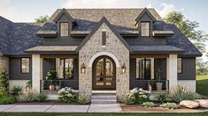 this is an artist's rendering of the front elevation of a house with stone accents