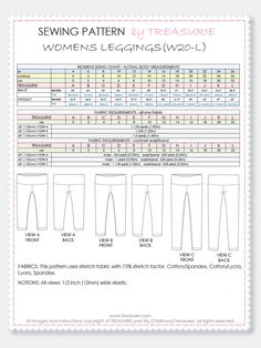 sewing pattern for women's leggings with measurements