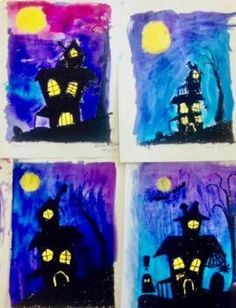 four paintings of houses in the night sky