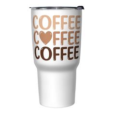 a white coffee cup with the words coffee and heart in brown letters on it's side