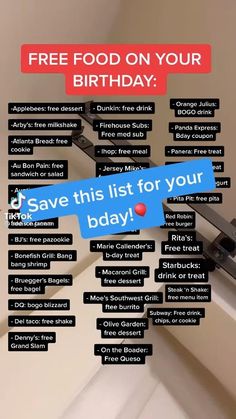 an advertisement for a bathroom with the message free food on your birthday save this list for your baday