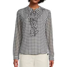 Crinkled Chiffon Fabrication Banded Crew Neckline Long Sleeves Ruffle Front Detail Gingham Print Lined Tie Front Closure Approx. 25" In Length Black Collared Shirt, Gingham Blouse, White Ruffle Blouse, Floral Sleeveless Top, Denim Blouse, Tommy Hilfiger Shirts, Tommy Hilfiger Tops, Gingham Print, Plaid Tops