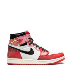 The Spider-Man: Across the Spider-Verse x Air Jordan 1 “Next Chapter” sneakers were born from a collaboration between Jordan Brand and Marvel. Inspired by Miles Morales’ journey into the multiverse, they have a fragmented design made from suede and leather panels and enhanced with some distressed details. The look is complete with a black Swoosh logo on the sides and a classic two-tone rubber sole. Red Sole Sneakers For Light Sports, Light Sports Lace-up Sneakers With Red Sole, Red Sole Lace-up Sneakers For Light Sports, Red High-top Sneakers For Light Sports, Dynamic Red High-top Basketball Shoes, Red Custom Lace-up Sneakers For Light Sports, Red Lace-up Custom Sneakers For Light Sports, Red Lace-up High-top Sneakers For Light Sports, Red High-top Sneakers For Light Sports With Branded Insole