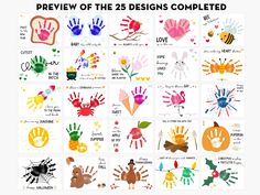 the 25 designs complete with handprints for each child's name and number