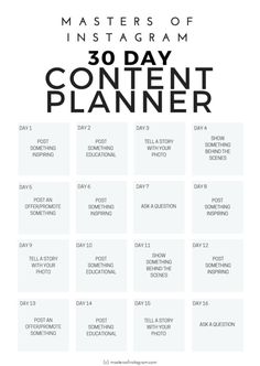 the 30 day content planner for instagrams is shown in black on a white background