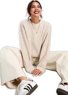 Beige Crew Neck Soft Knit Sweater, Beige Soft Knit Crew Neck Sweater, Cozy Beige Crew Neck Sweater, Cream Ribbed Crew Neck Sweater, Beige Cozy Fit Crew Neck Sweater, Neutral Crew Neck Sweater With Textured Knit, Trendy Soft Textured Beige Sweater, Trendy Beige Sweater With Soft Texture, Beige Winter Sweater With Ribbed Neckline