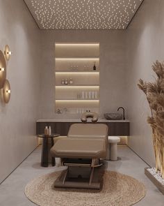 a spa room with a chair, table and shelves on the wall above it that have candles in them