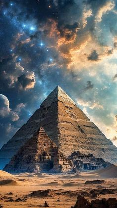 an image of the great pyramid in the desert with stars and clouds above it,