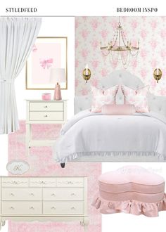 a bedroom with pink and white decor in it