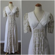 Beautiful Renaissance style vintage wedding dress.  Bust 32" Waist 26" Length 54" Excellent condition.  Shipping worldwide.  Thank you:) Summer Wedding Vintage V-neck Dress, Wedding Maxi Dress With Floral Embroidery And Fitted Bodice, Floral Embroidery Maxi Dress With Fitted Bodice For Wedding, Floral Embroidered Fitted Bodice Maxi Dress For Wedding, Bohemian Fitted V-neck Gown, Vintage V-neck Wedding Dress, Bohemian Embroidered Fitted V-neck Dress, Spring Wedding Vintage Dress With V-neck, Fitted Floor-length Dress With Intricate Embroidery