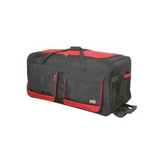 a large black and red duffel bag