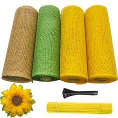 PRICES MAY VARY. 4 rolls of poly burlap mesh to make sunflower wreath. Sugguest to use a 10 inch wire wreath(not included) to make a large sunflower poly burlap wreath. Each roll measures apprx. 5 yard long * 10 inch wide. Yellow poly burlap roll * 2 + green poly burlap roll * 1 + poly burlap roll * 1 Made of polypropylene. Feels like natural burlap, not plastic. But it will last in rain or sunlight. A detailed instructions included. Even beginners can make a beautiful sunflower wreath. The comp Diy Front Door, How To Make Sunflower, Burlap Rolls, Sunflower Colors, Yellow Theme, Sunflower Wreath, Wire Wreath, Wreath Decoration, Chenille Stems