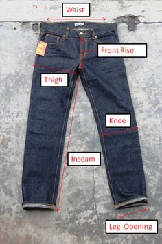 the parts of a pair of jeans with their names and description on them, labeled in red