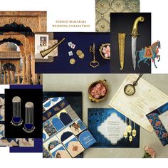 an assortment of wedding items including brooches, earrings and cards are shown in this collage