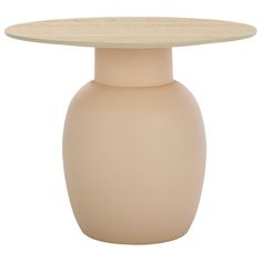 a white vase with a wooden table top on an isolated white background for use as a coffee table