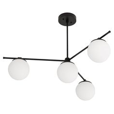 three light chandelier with black metal frame and white glass balls hanging from the ceiling