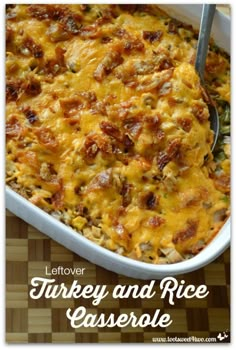 a casserole dish filled with turkey and rice in a white baking dish on a checkered table cloth