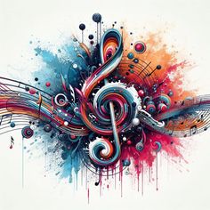 colorful music notes and musical staffs with paint splatters