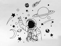 an astronaut in outer space pointing at the stars and planets on his back wall decal