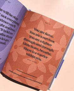 an open book with the words you are fierce, you are a survivor, you are a fighter, though there's a beautiful thing there is a warrior