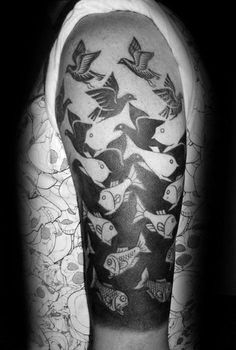 a black and white photo of a man's arm with many birds on it