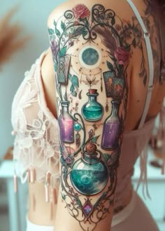 a woman's arm with tattoos on it and an image of a bottle in the middle