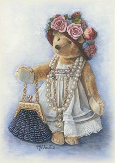 a painting of a teddy bear wearing pearls and holding a purse with roses on it