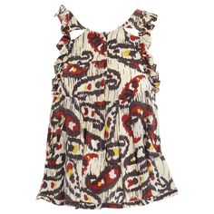 ISABEL MARANT Ikat cream ethnic print silk ruffle cut-out top FR34 XS US2 UK6 Reference: TGAS/A00034 Brand: Isabel Marant Designer: Isabel Marant Material: Silk Color: White, Red Pattern: Other Closure: Hook & Eye Extra Details: White with ethnic Ikat print. Ruffle sleeves. Cut out at chest. Hook eye closure. Dual pocket. Made in: India CONDITION: Condition: Excellent, this item was pre-owned and is in excellent condition. SIZING Designer size: XS Size reference: US0 / UK6 / IT38 / FR34 / XXS-XS Fitted Patterned Top With Ruffles, Patterned Fitted Tops With Ruffles, Fitted Patterned Tops With Ruffles, Patterned Ruffle Tops For Vacation, Patterned Ruffled Tops For Vacation, Casual Ikat Print Patterned Top, Sleeveless Silk Top For Vacation, Bohemian Sleeveless Ruffled Blouse, Bohemian Sleeveless Ruffle Blouse