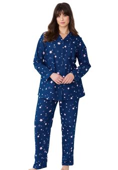 Made from brushed flannel cotton, these adorable printed pajamas will keep you cozy and comfortable. A classic pajama shirt with button front and patch pocket pairs perfectly with relaxed pants featuring an elastic waistband for the perfect fit. Notched collar with picot trimAverage Top: 30" length; Average Pant: 28" inseamPetite Top: 29" length; Petite Pant: 27" inseamPure cotton, importedMachine washableTry our matching slipper! Click here to shop. | Plus Size Women's Classic Flannel Pajama Se Relaxed Pants, Classic Pajamas, Flannel Pajama Sets, Flannel Pajamas, Sweater Collection, Petite Pants, Tunic Tank Tops, Blue Stars, Petite Tops