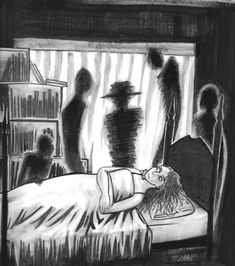 a black and white drawing of a person laying on a bed in front of bookshelves