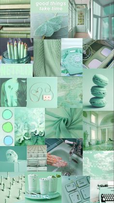 a collage of green and white images with the words good things take time