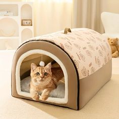 an orange cat laying in a pet house on the floor next to a teddy bear