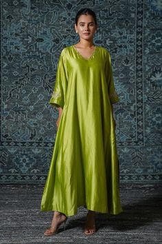 Green anarkali with placement embroidery on the sleeves. - Aza Fashions Designer V-neck Anarkali Set With Resham Embroidery, Anarkali Set With V-neck And Dupatta, Festive Anarkali Salwar Kameez With V-neck, Anarkali V-neck Set For Eid, V-neck Anarkali Set With Dupatta For Eid, Elegant V-neck Anarkali Set With Resham Embroidery, Eid Long Sleeve Dress With Cutdana Detailing, Designer V-neck Dresses With Zari Work, Elegant V-neck Anarkali Set With Dupatta