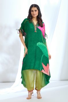 Bottle green kurta with floral print and sequin embroidered neck. Paired with ombre cowl pant. - Aza Fashions Printed Kurta Sets For Women, Summer Designer Kurta With Digital Print, Summer Designer Digital Print Kurta, Summer Silk Kurta With Digital Print, Summer Multicolor Georgette Salwar Kameez, Bollywood Style Kurta With Digital Print For Summer, Bollywood Style Summer Kurta With Digital Print, Festive Summer Kurta With Digital Print, Bollywood Style Digital Print Kurta For Summer