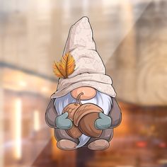 an image of a cartoon gnome with a leaf on his head hanging from the ceiling