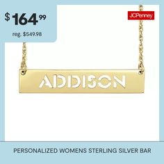 Features: Personalized, EngraveableJewelry Closure: Spring Ring ClaspLink Construction: SolidShape: BarMetal Color: YellowChain Length: 18 InchChain Width: 1.25 MillimetersPendant Length: 8mmPendant Width: 40mmChain Construction: RopeCare: Wipe CleanMetal: 24k Gold Over SilverNecklace Type: Pendant NecklacesAssembled in the US from Imported Materials Personalized Silver Bar Necklace, Silver Bar, Silver Bars, Name Necklace, Spring Rings, Pendant Necklaces, Necklaces, Pendant Necklace, Bar