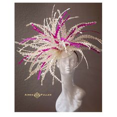 Aimee Fuller Kentucky Derby Fascinator A Lovely, Feathered FRENZY! THIS LISTING is for the hot pink and white. Various colors available seasonally; please inquire. Also, you choose headband color.   Handmade fascinator with a flourish of dazzling feathers. This burst of vibrant colors is fun, elegant, dramatic, and beautiful from all angles, and will have all eyes on you on your special day.    Perfect for the bride, or for your next gala/special event. Easy-to-wear headband fascinator makes a statement and can be worn to a myriad of events: Royal Ascot, Easter, bridal, derby-wear, Del Mar races, hat contests, church, galas, Kentucky Derby, Melbourne Cup, high tea, weddings, cocktail parties, and more. Some customization available; please message with your requests to see if we can meet yo White High Crown Fascinator For Evening, White High Crown Fascinator For Races, White High Crown Fascinator For Parties, White High Crown Mini Hat For Races, White High Crown Costume Hat For Races, White Fitted High Crown Fascinator, White High Crown Costume Hat For Parties, Fitted White Costume Hat For Races, Fitted White Headpiece For Races