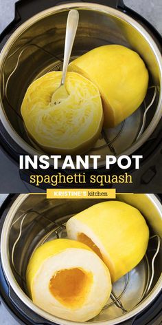 two pictures showing how to make instant pot spaghetti squash in an instant pressure cooker