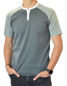 Walk the walk in style! These short sleeve Henley shirts are made with our super soft, breathable high quality cotton blend fabric that comes out of the dryer ready to wear!  Slightly tapered to show the male form along with clean, masculine styling--pure SpearPoint®.  These shirts are are perfect for a night on the town, work, or knocking around in style.        - A super soft yet durable, premium quality cotton blend fabric designed in USA for a lightweight, stretch, comfortable feel and fit.     - A stylish, breathable short sleeve Henley shirt, pull-on with a 3-button closure.      - Machine wash and dry, comes out of the dryer ready to wear - wrinkle-free and no ironing needed.      - Short sleeve casualwear Henley buttonless banded collar for the office or school to social life, this Gray Color Block Short Sleeve Top, Casual Stretch Polo Shirt With Short Sleeves, Summer Short Sleeve Color Block Polo Shirt, Summer Color Block Short Sleeve Polo Shirt, Gray Short Sleeve Casual Polo Shirt, Gray Casual Short Sleeve Polo Shirt, Casual Gray Short Sleeve Polo Shirt, Gray Color Block Short Sleeve T-shirt, Color Block Short Sleeve Stretch T-shirt