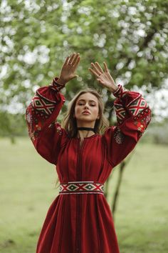 Embroidered Red Color Dress for Women. Vyshyvanka. Embroidered Boho Dress. Long Dress. Bohemian Dress. Dress with Geometric and Floral Embroidery. ------------------------------------------ TThis stunning dress is made from 100% linen in a vibrant red color, combining elegance and comfort. Linen ensures breathability and lightness, while the bold red hue gives the dress a striking and stylish appearance. The dress features rich embroidery done in satin stitch, incorporating both floral and geome Folk Style Red Long Sleeve Dress, Red Folk Style Embroidered Long Sleeve Dress, Red Long Sleeve Folk Embroidered Dress, Folk Style Long Sleeve Dress With Embroidered Neckline, Red Bohemian Embroidered Dress With Intricate Embroidery, Folk Style Embroidered Long Sleeve Dress, Red Long Sleeve Dress With Intricate Embroidery, Red Long Sleeve Dress With Embroidered Sleeves, Red Bohemian Dress With Geometric Embroidery