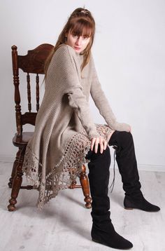 by CrochetDressTalita on Etsy Bohemian Asymmetrical Fall Dresses, Beige Bohemian Knit Dress, Long Bohemian Knit Dress, Bohemian Knit Crochet Dress, Bohemian Long Sleeve Crochet Dress For Fall, Bohemian Crochet Knee-length Dress, Bohemian Knee-length Winter Dress, Knee-length Bohemian Winter Dresses, Bohemian Mini Winter Dresses