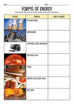 forms of energy worksheet with pictures and text on the top right hand corner