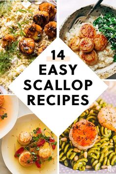 four different pictures with the words easy scallop recipes written in black and white