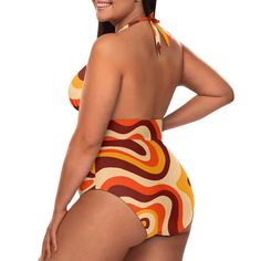 • Retro Swimsuit: Groovy 70s-inspired swimsuit with a vibrant abstract orange and brown stripe pattern. • Orange Stripe Halter Swimsuit: Features a deep V-neckline and a halter style top with an exposed back. • Vintage Style Swimsuit: Made from polyester and spandex for a comfortable and flattering fit. • Tummy Control: Ruched waistline enhances your shape and provides support. • Unique Swimsuit Find: Perfect for bringing back the disco era with a fun and distinctive design. Unique Swimsuit, Vintage Style Swimsuit, Swimsuit Orange, 1940s Fashion Dresses, Vintage Inspired Shoes, Unique Swimsuits, 1950s Fashion Dresses, Vintage Style Hat, Groovy 70s